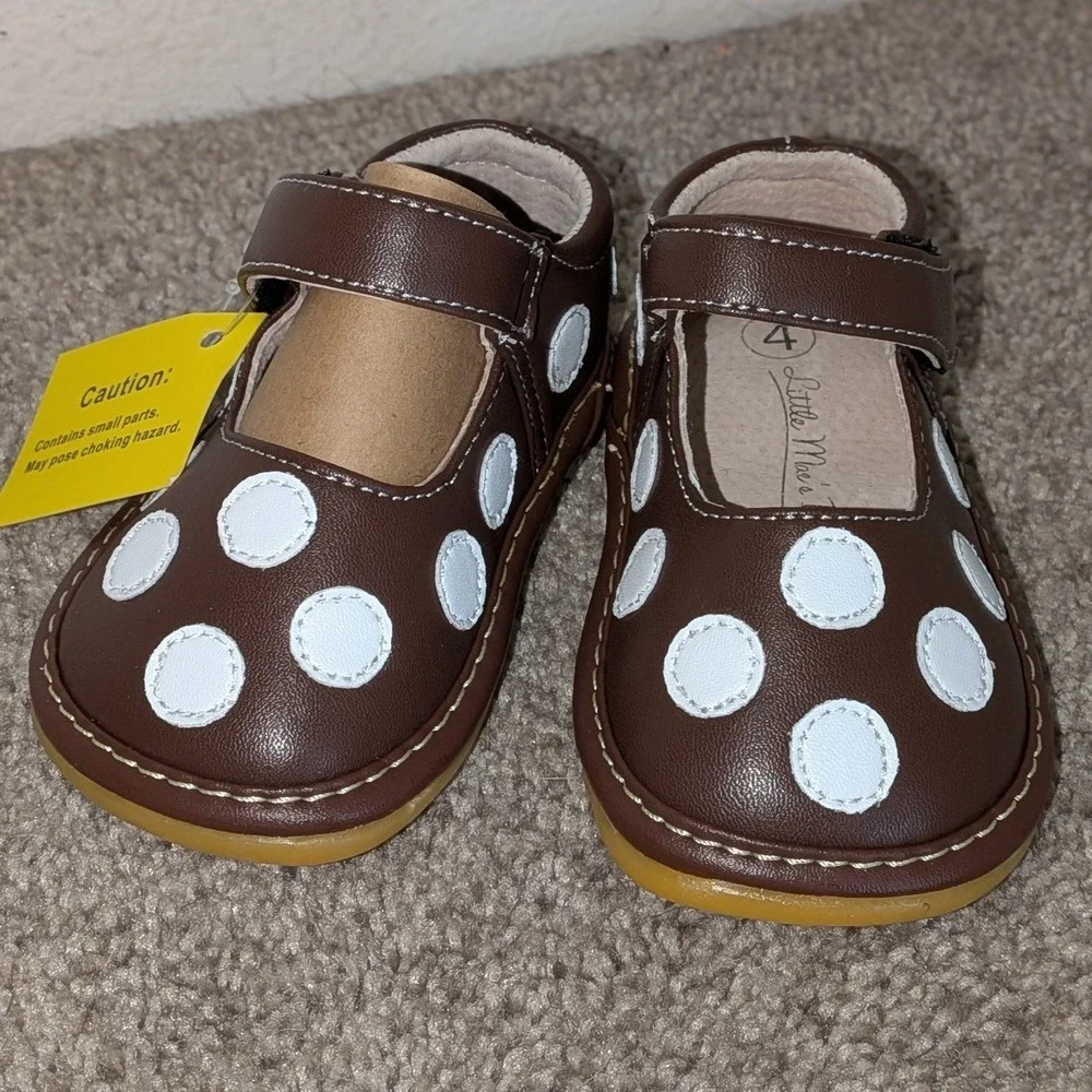 Little Mae's Boutique Brown Polka Dot Squeaky Mary Jane Shoes Toddler Size 4 NEW